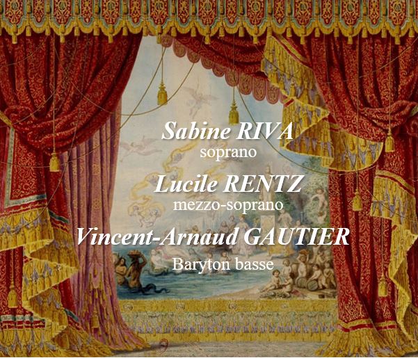Rideau de scène et décor avec des noms de solistes superposés