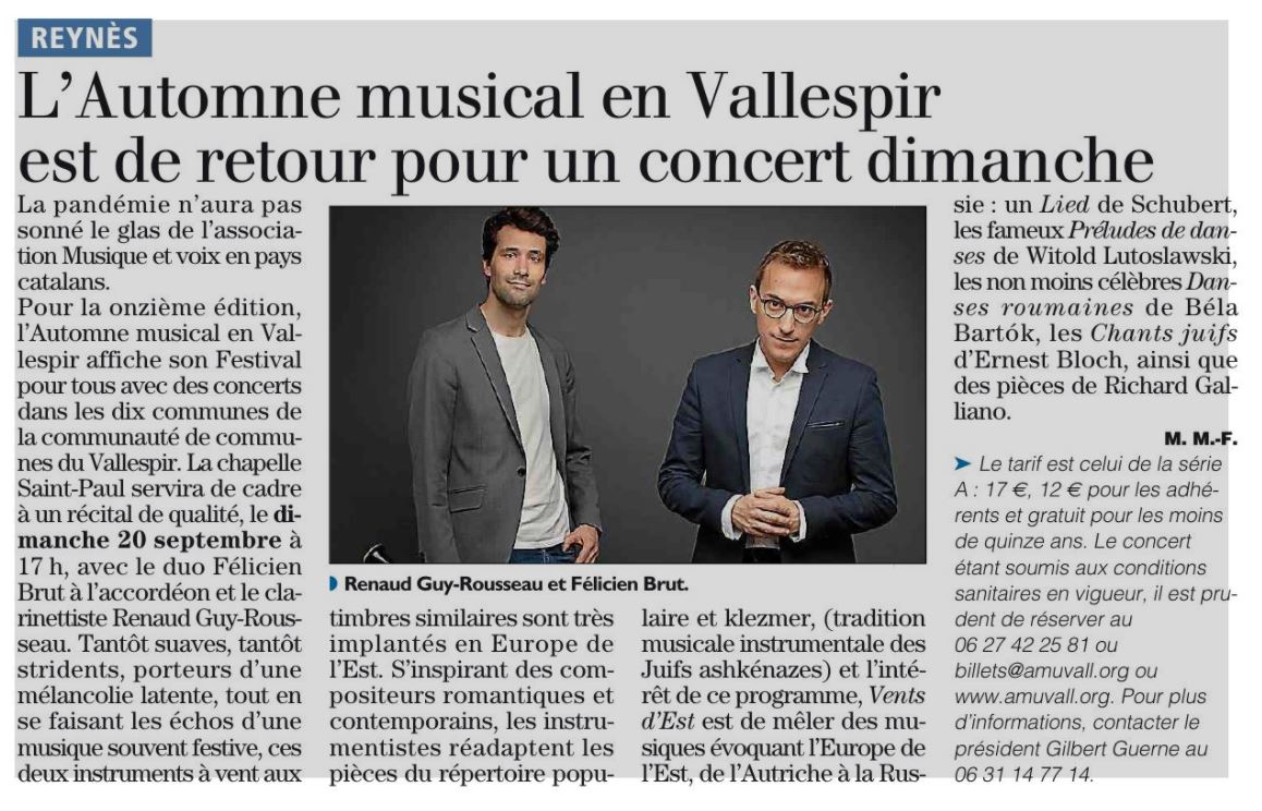 Annonce dans L'Independent pour le concert à Reynès le 20 Septembre